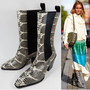 AEYDE Ari Mid Calf Boots Size 36 5.5 6 Black White Python Snake Leather NEW
